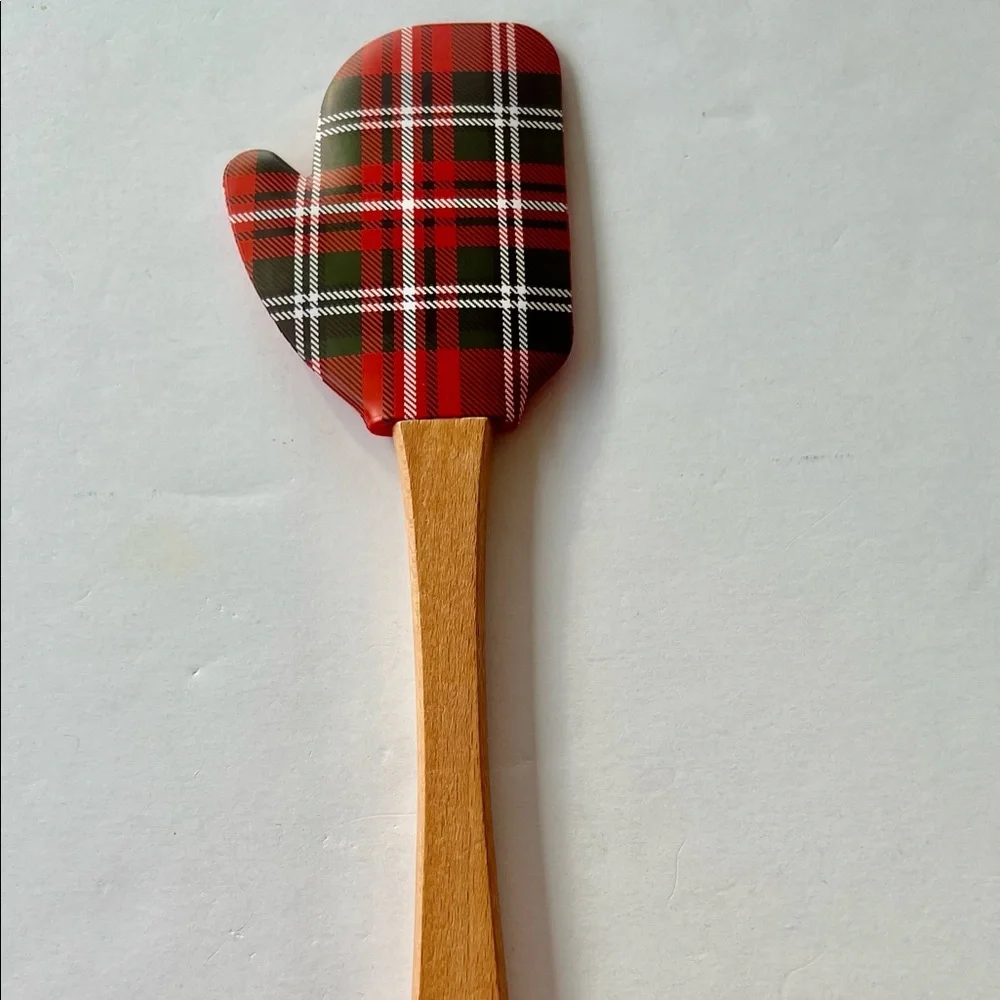 Christmas Mitten Shaped Plaid Silicone Spatula Wood Handle Joy Engraved - Picture 6 of 8